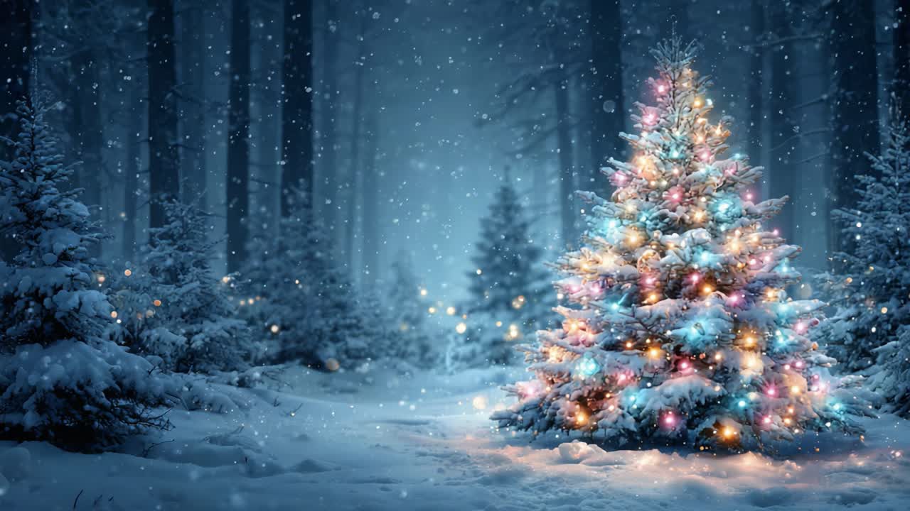 A Enchanting Winter Scene Featuring a Beautifully Decorated Christmas Tree Illuminated by Colorful Lights amid a Snowy Forest Setting