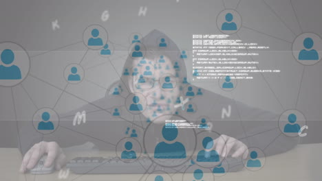 animación de redes de conexiones con letras sobre el hombre escribiendo en el teclado