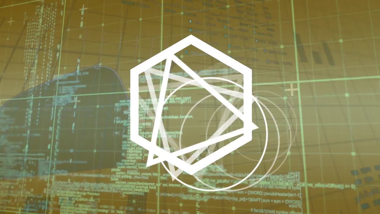 Animation of geometric shapes rotating over data processing in yellow space