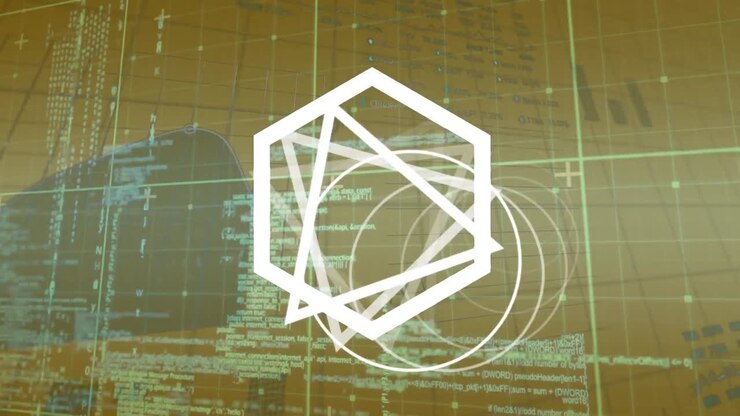 Animación de formas geométricas girando sobre procesamiento de datos en un espacio amarillo