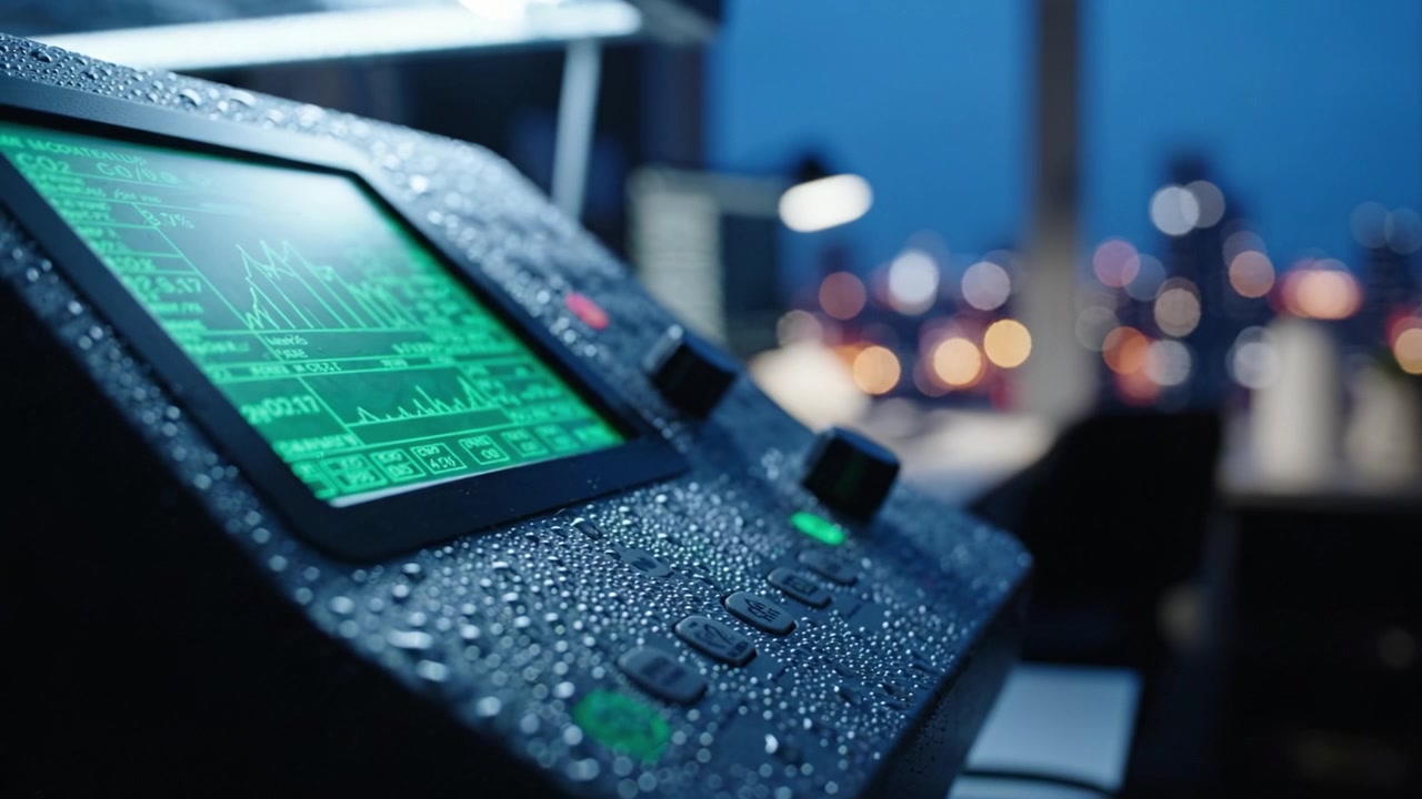 High-Tech Monitoring Device Displaying Data with Water Droplets in a Modern Office Setting During Evening Hours with Blurred City Lights in Background