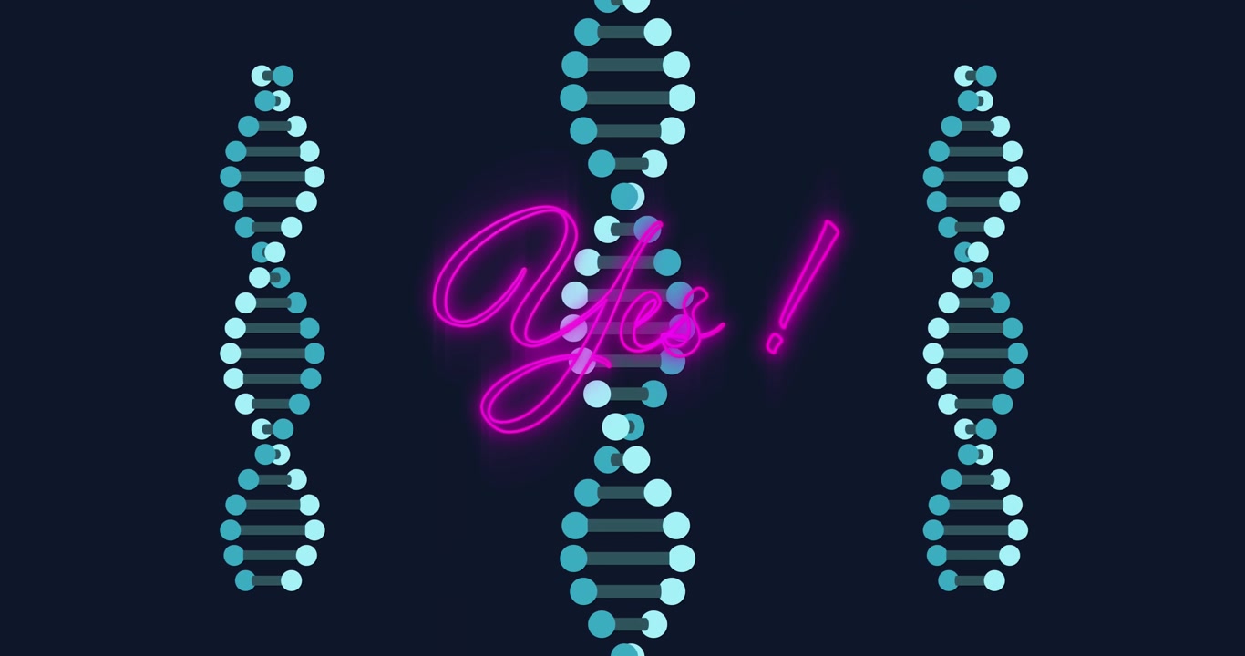 Animace neonově fialového textového banneru „ano“ nad rotujícími strukturami DNA na černém pozadí