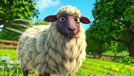 a playful and adorable animated sheep enjoys a sunny day on a vibrant green farm, frolicking among blooming flowers and greenery in a whimsical landscape