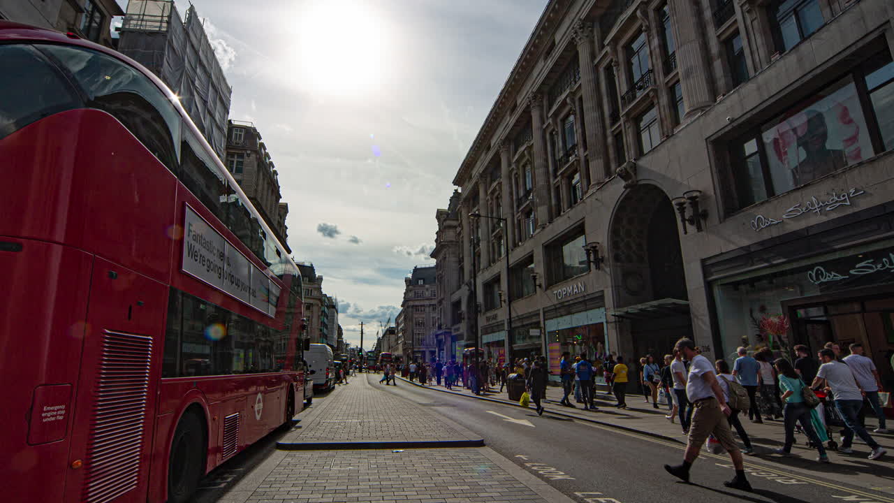 Bustling Street Scene in London with Pedestrians, Iconic Buses, and Shops