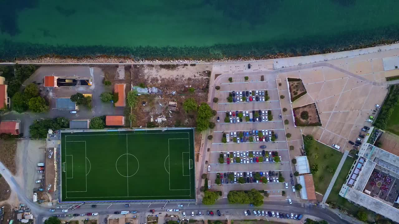 Aerial shot of Sant'Elia Stadium Cagliari right on Mediterranean coast in Sardinia