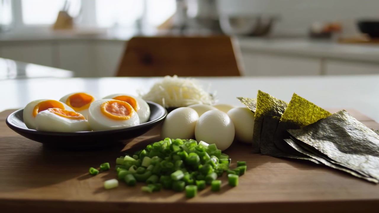 Préparation d'ingrédients dans une cuisine moderne lumineuse, avec des oignons verts hachés, des œufs écalés, des œufs mollets coupés en deux, des algues, du riz, du daikon et d'autres garnitures fraîches disposés sur une planche en bois pour