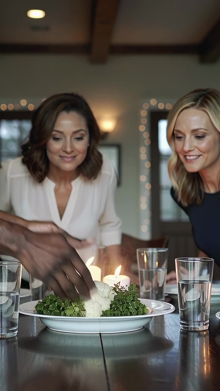 Vertical video: Leaning two women in cream and navy watching server placing platter