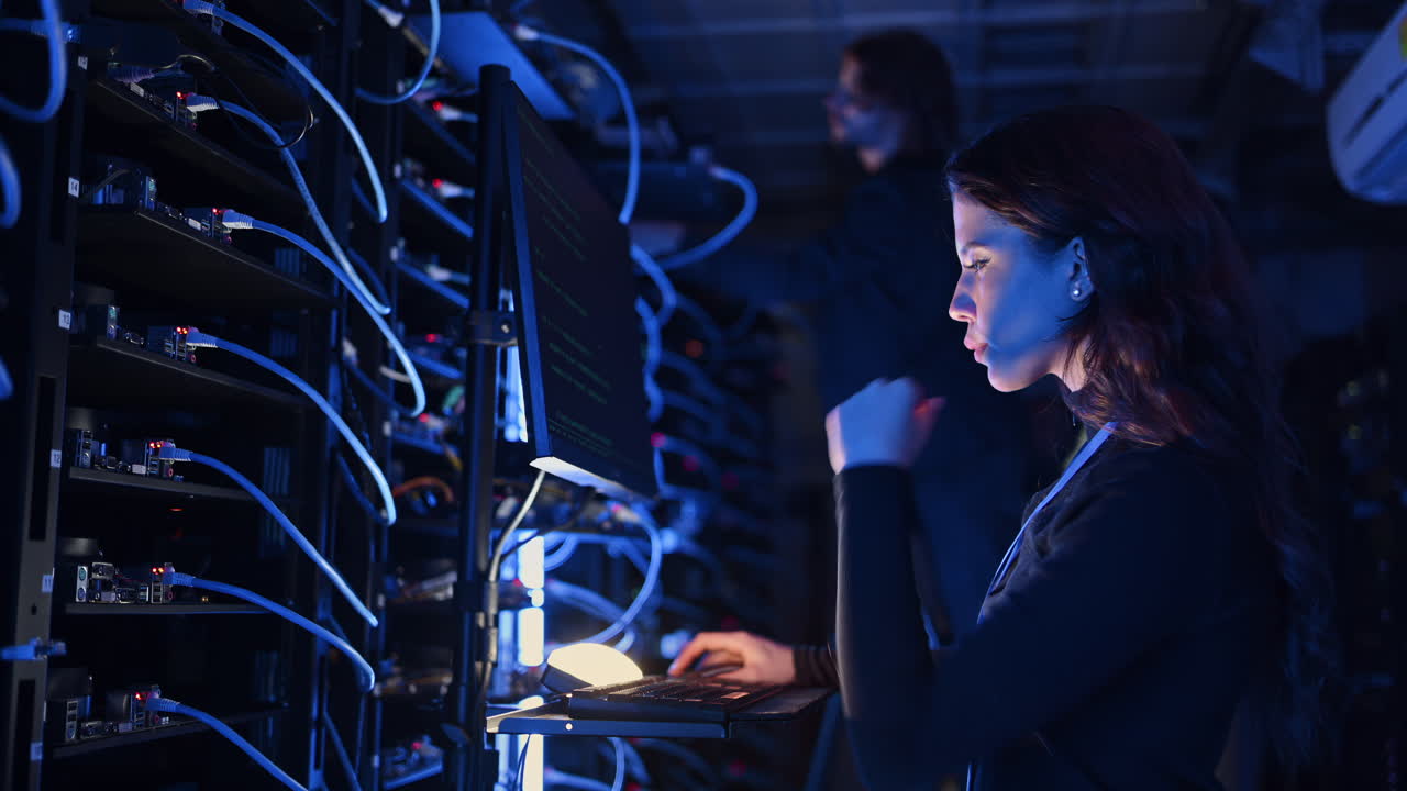 Woman programming in a server room