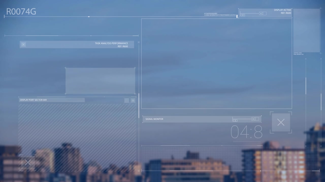 Animation of digital screen with numbers and text over high section of buildings against blue sky
