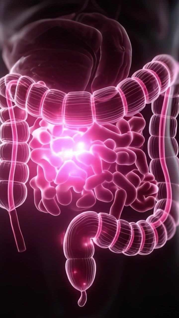 Illustrazione del sistema digestivo umano: vista dinamica dell'intestino che evidenzia struttura e funzione attraverso vibranti effetti visivi.