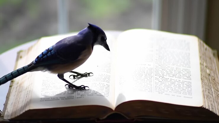 A Blue Jay Perched on an Open Book, Evoking a Scene of Nature Embraced by Literature and Tranquility, Perfect for Bird Lovers and Book Enthusiasts Alike