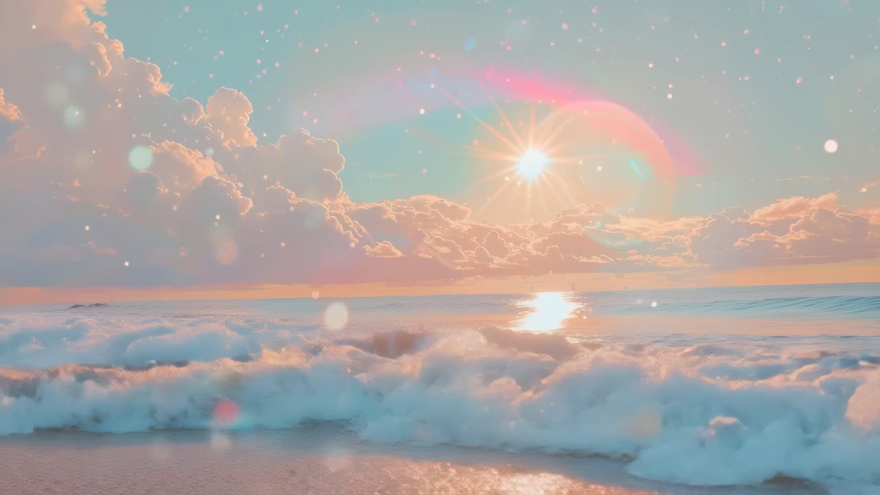 A dreamy, pastel-toned seascape with waves crashing under a vibrant sun