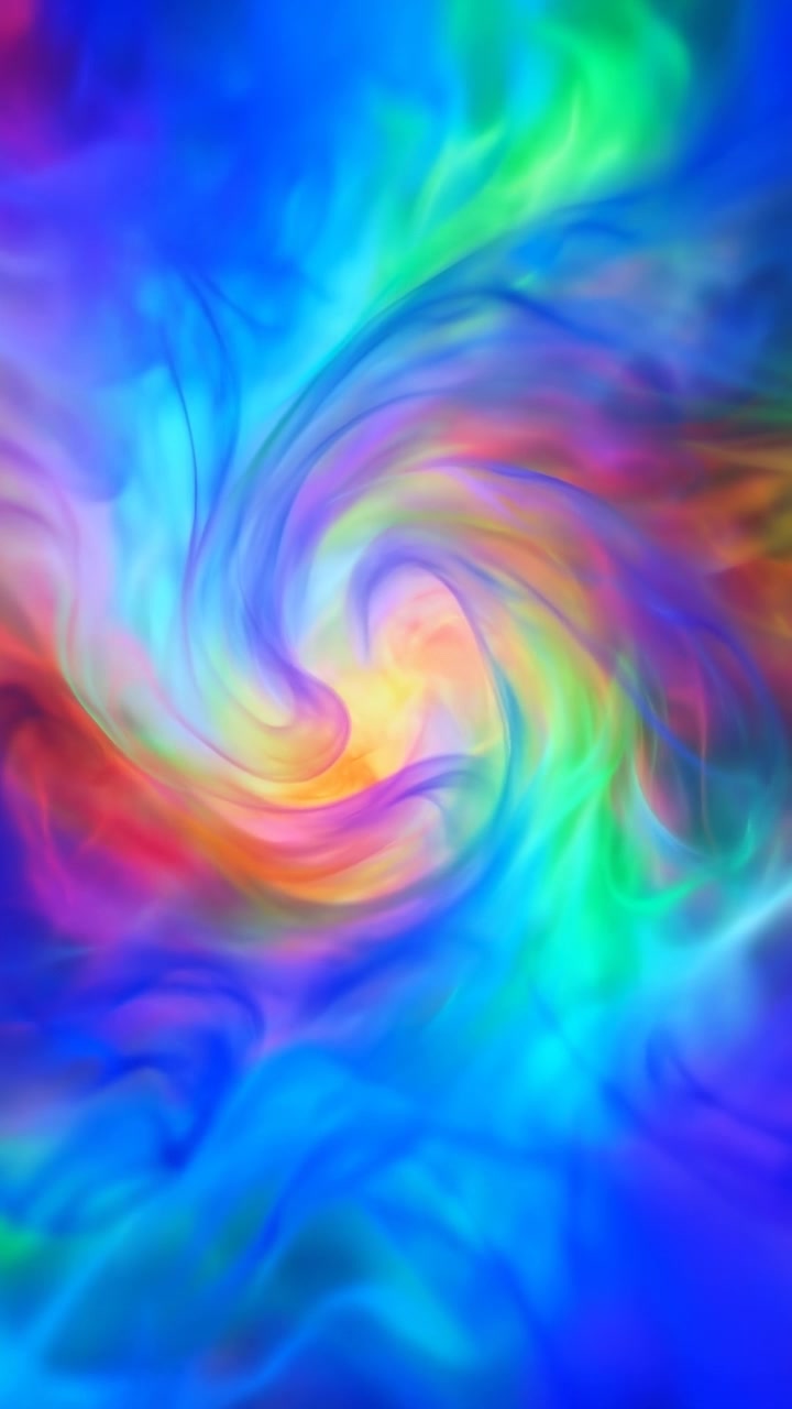 Una nuvola astratta vorticosa riempie la vista verticale con strati di volute traslucide che si muovono verso l'interno attorno a un nucleo giallo-arancio caldo, creando un'armonia di colori vivida, foschia soffusa e profondità fluida, con un elemento astratto