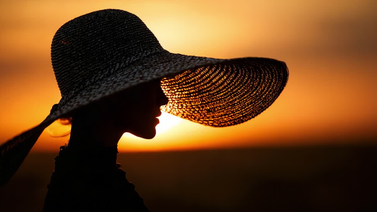 A graceful silhouette of a woman adorned with a large straw hat, beautifully framed against a breathtaking sunset sky that highlights the warm hues of dusk and captures serene beauty