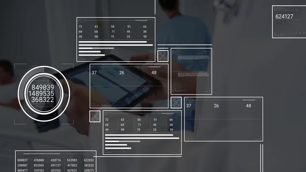 Nurse pushing bed triggers physician tapping tablet showing medical data panels for monitoring
