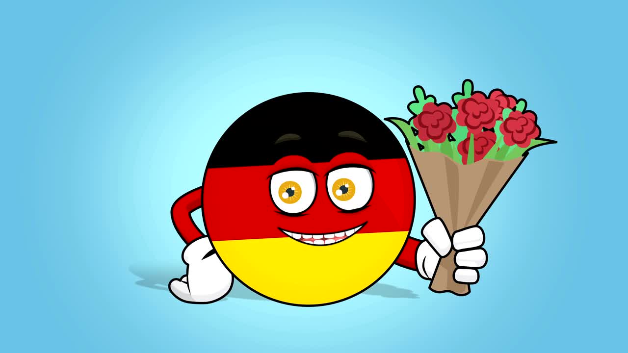 Icona bandiera a cartone animato: Repubblica Federale di Germania, mazzo di fiori con animazione facciale.