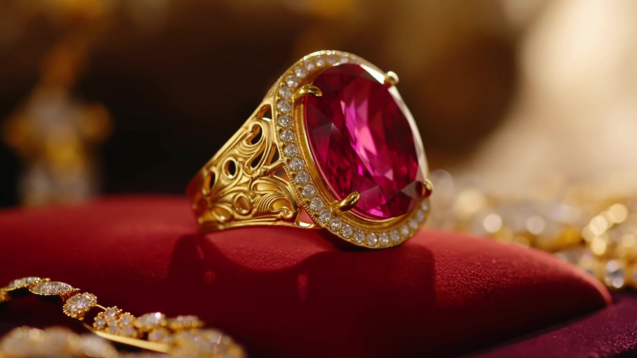 Moving camera bringing gold ring into clearer focus on red velvet cushion, showing diamond halo