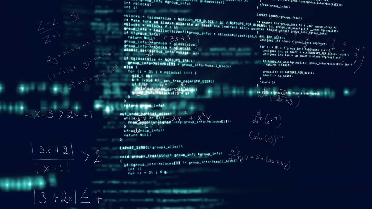 Computer code and data processing animation over dark blue background