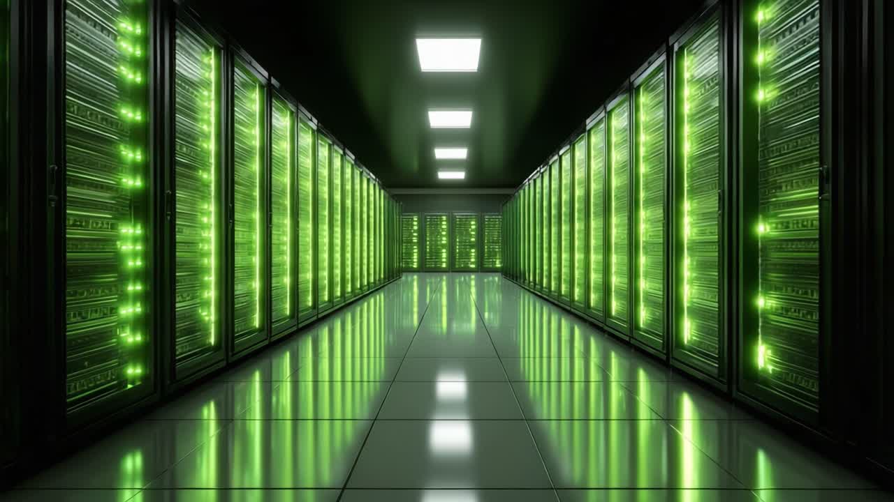 Et fantastisk syn af et futuristisk datacenter med rækker af servere oplyst i grønt lys, der fremviser avanceret teknologi og effektivitet inden for datastyring.