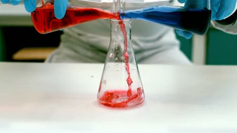 scientist pouring liquid into a erlenmeyer flask