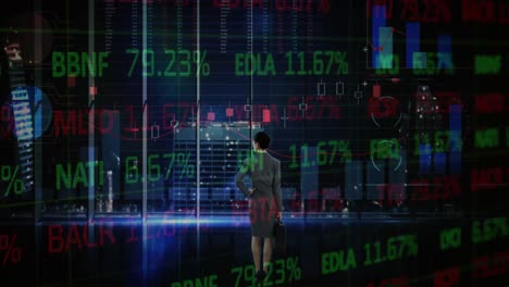 animación del mercado de valores y procesamiento de datos financieros sobre mujer de negocios
