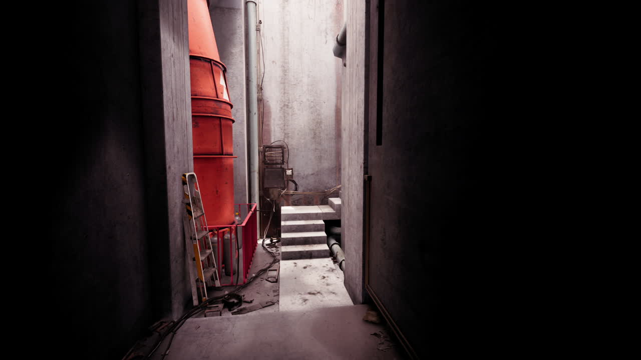 사다리, 빨간색 안전 장벽, 그리고 큰 오렌지색 물체가 있는 은 콘크리트 통로입니다.