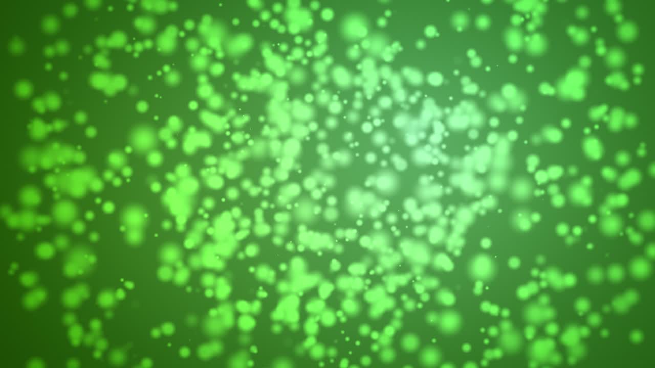 Blød, sømløs loop-animation af glødende lysegrønne bokeh-partikler. Naturinspireret æterisk baggrund med en afslappet generativ bevægelse og frisk visuel følelse.