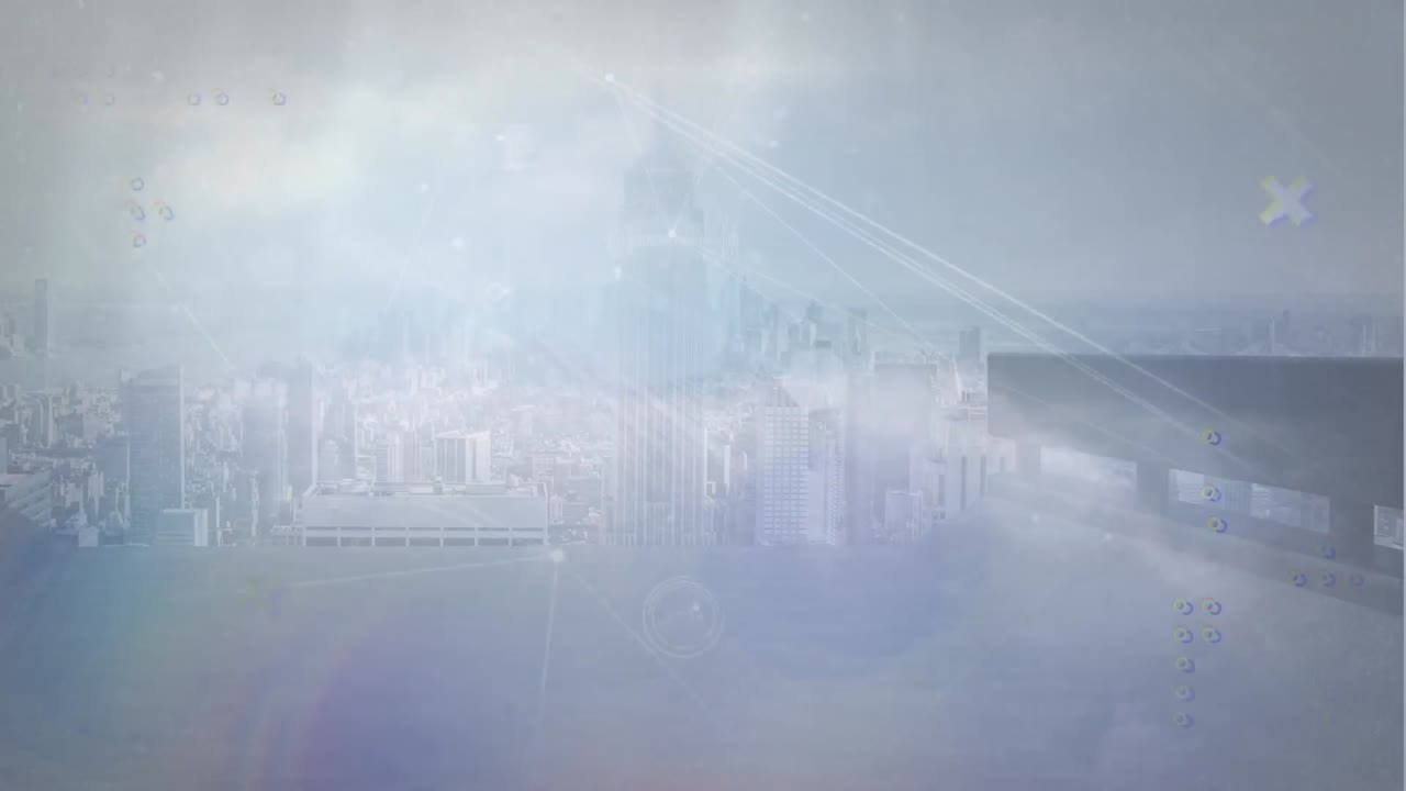 animación de la red de conexiones sobre vista aérea del paisaje urbano contra las nubes en el cielo