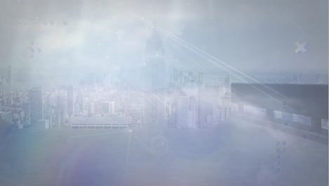 animación de la red de conexiones sobre vista aérea del paisaje urbano contra las nubes en el cielo