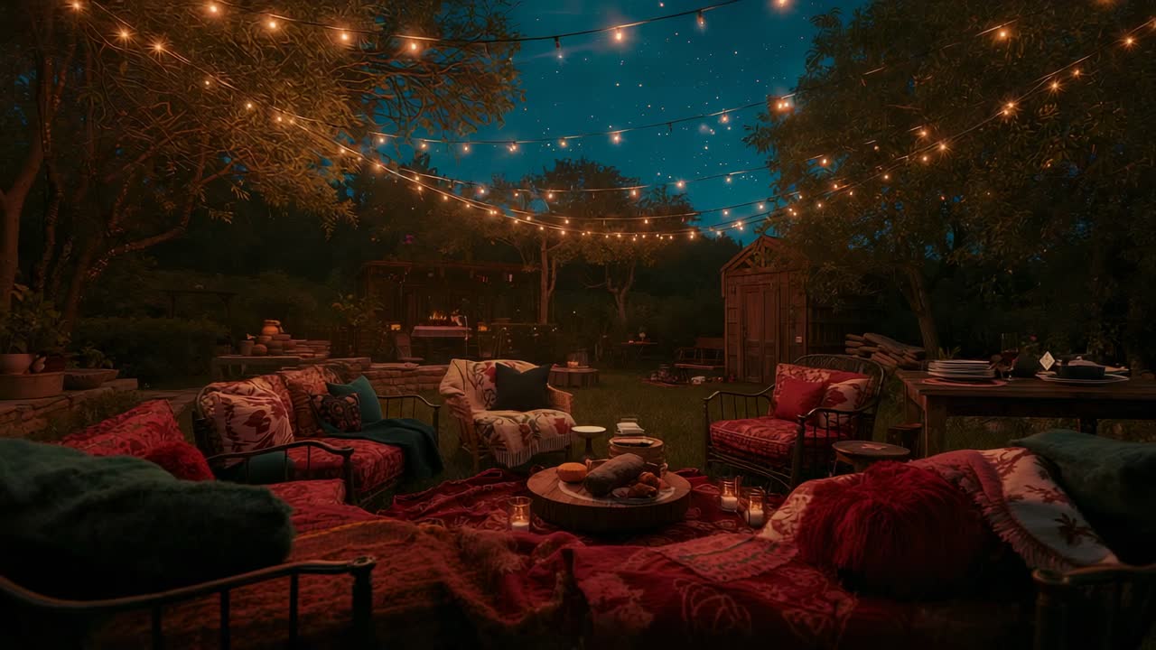 Camera holding shot of backyard seating under glowing string lights, with lanterns and firewood