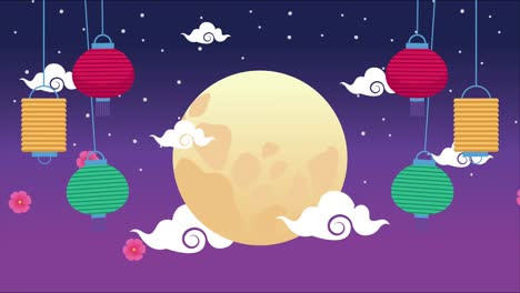 mid autumn festival animation with moon and lamps hanging