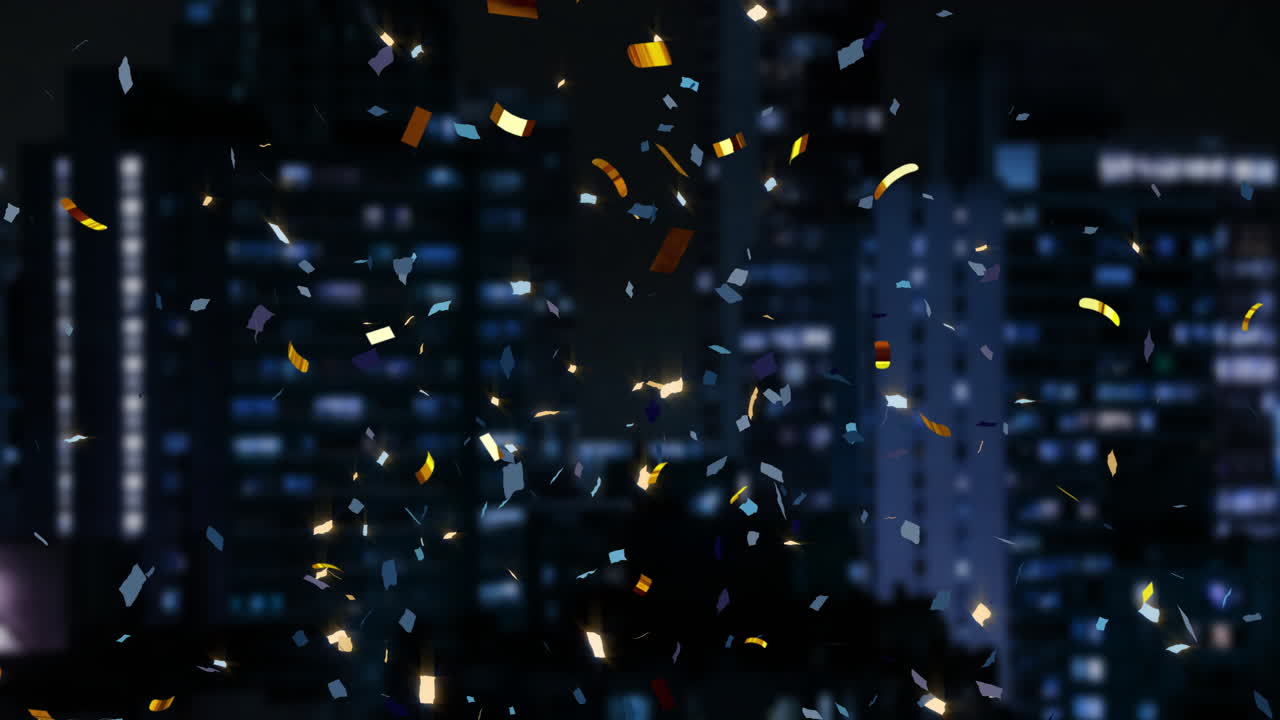 Animation of confetti and cityscape on black background