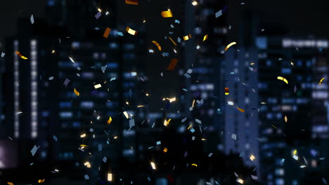 Animation-of-confetti-and-cityscape-on-black-background