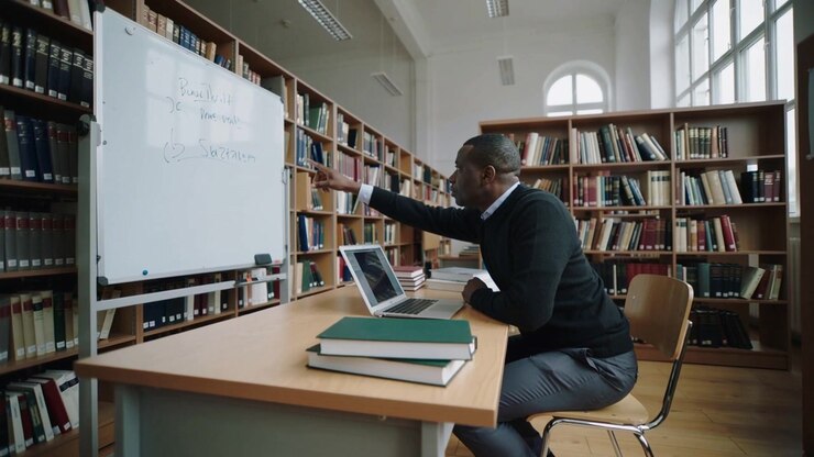Checking laptop and textbooks, man in dark sweater pointing at whiteboard in library, copy space