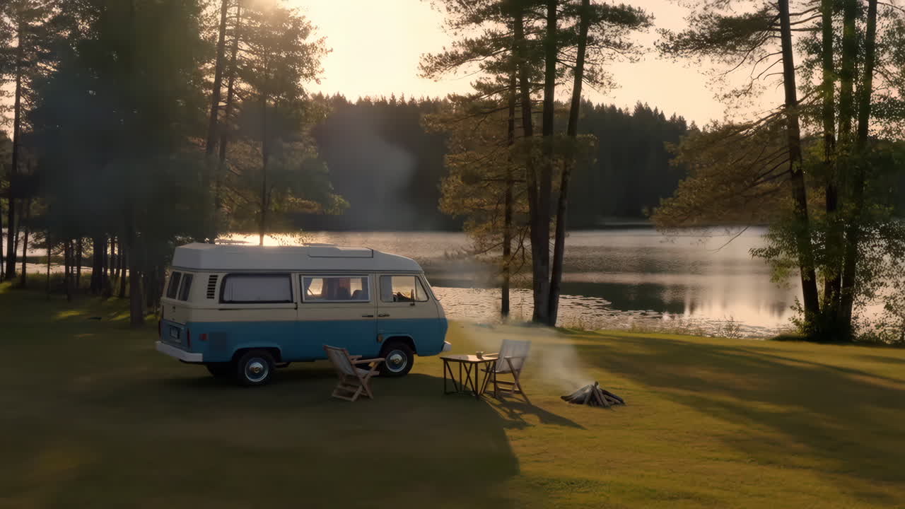 Camper Van Camping by a Lake at Sunset