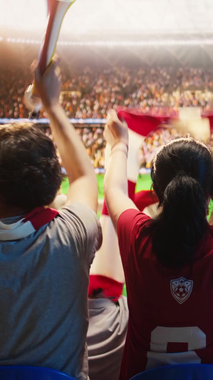 Video vertical: Mujer feliz se divierte con aficionados al fútbol en un estadio abarrotado.