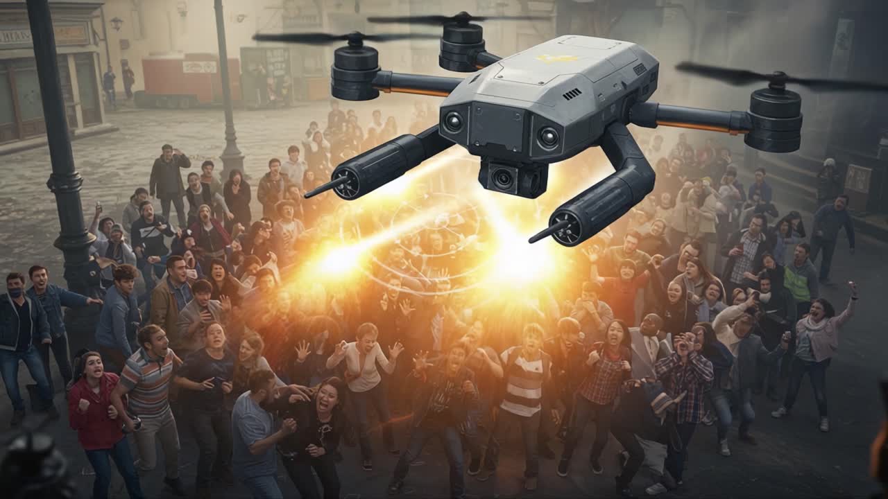 A thrilling showdown in a vibrant crowd as an advanced drone hovers above, unleashing streams of colorful light to captivate and ignite excitement among onlookers