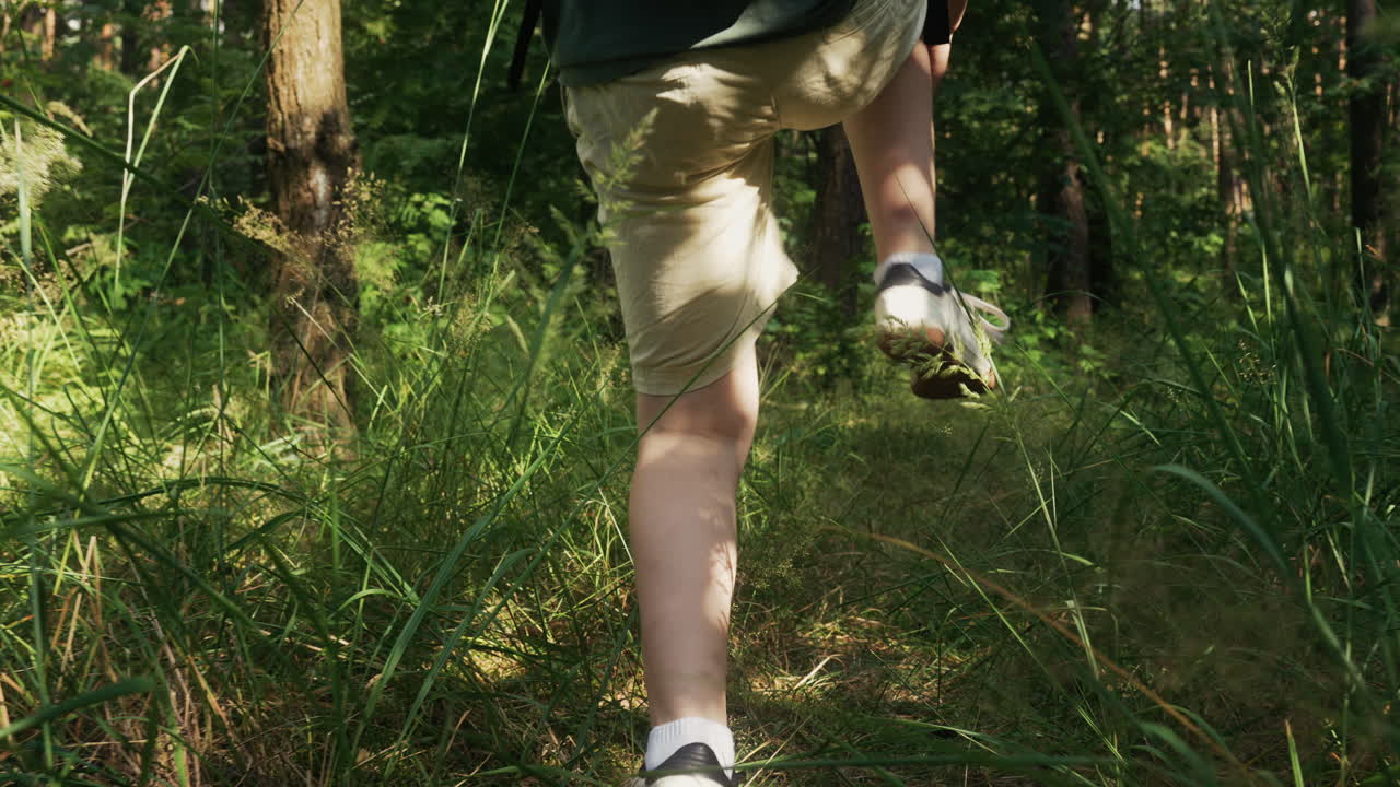 un niño caminando por el bosque.