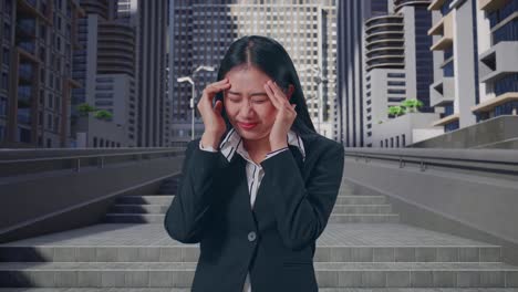 도시 에서 서 있는 동안 두통 을 고 있는 아시아 의 사업가