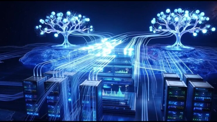 Digital Data Center Connecting to Glowing Abstract Trees