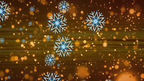 Animation-of-snowflakes-over-light-spots-and-trails-on-black-background