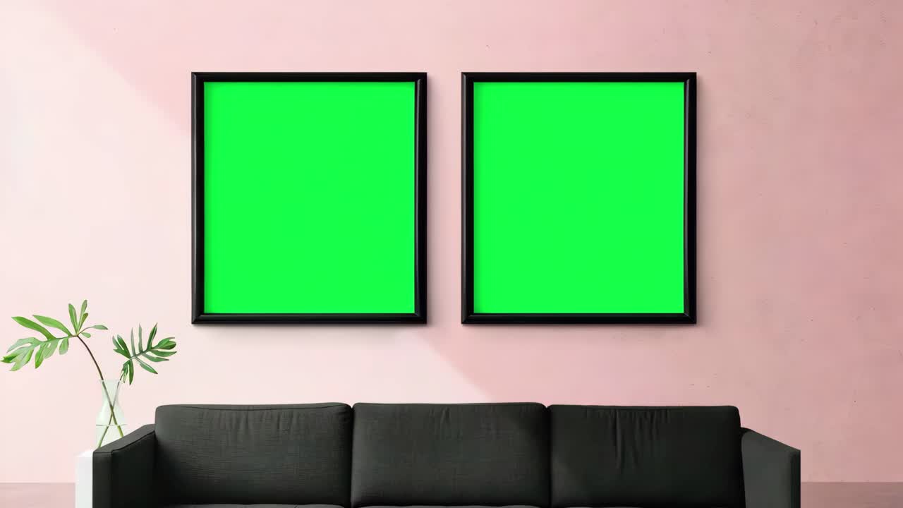 Two picture frames on wall live mockup animation, transparent 4K video, green screen