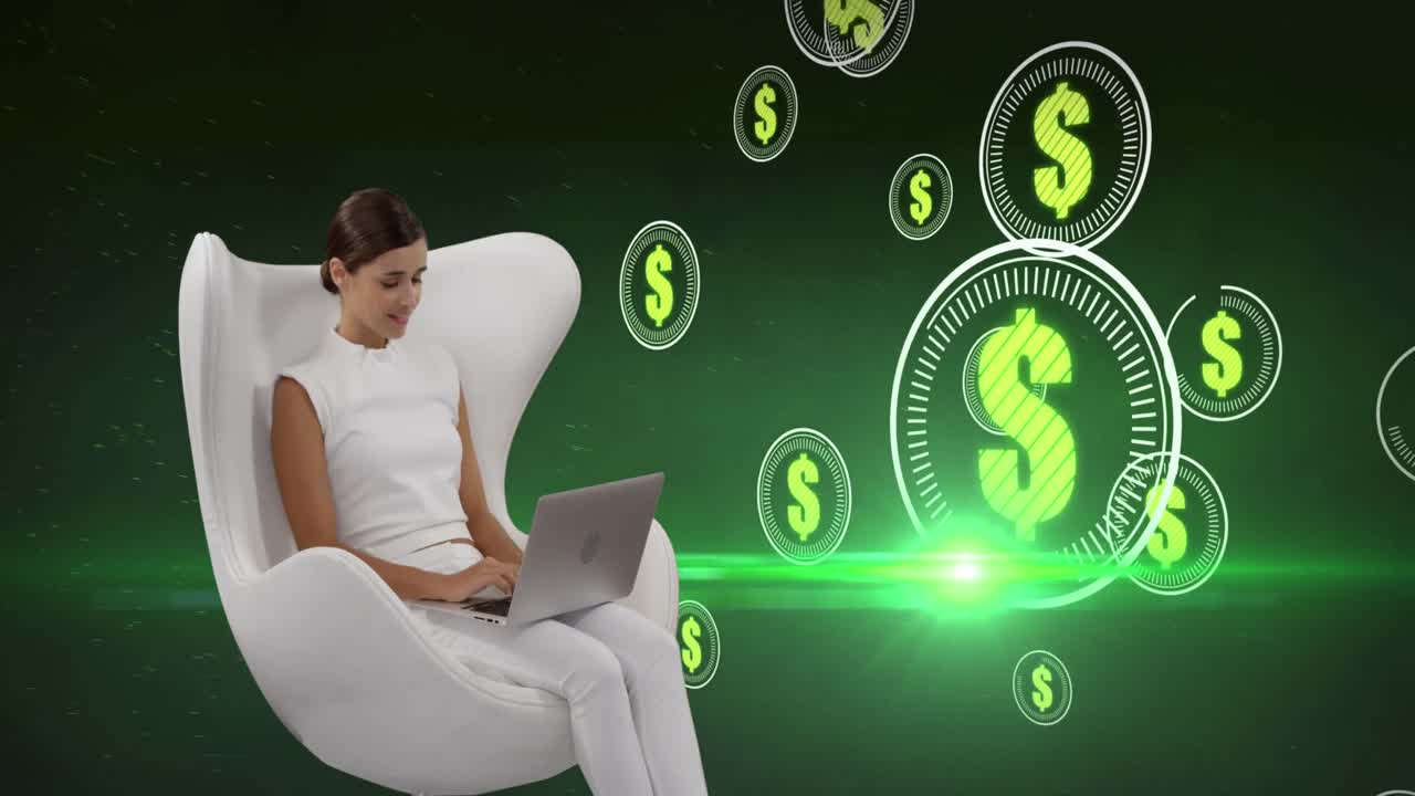 símbolos de dólar sobre múltiples escáneres redondos flotando sobre una mujer caucásica que usa una tableta digital