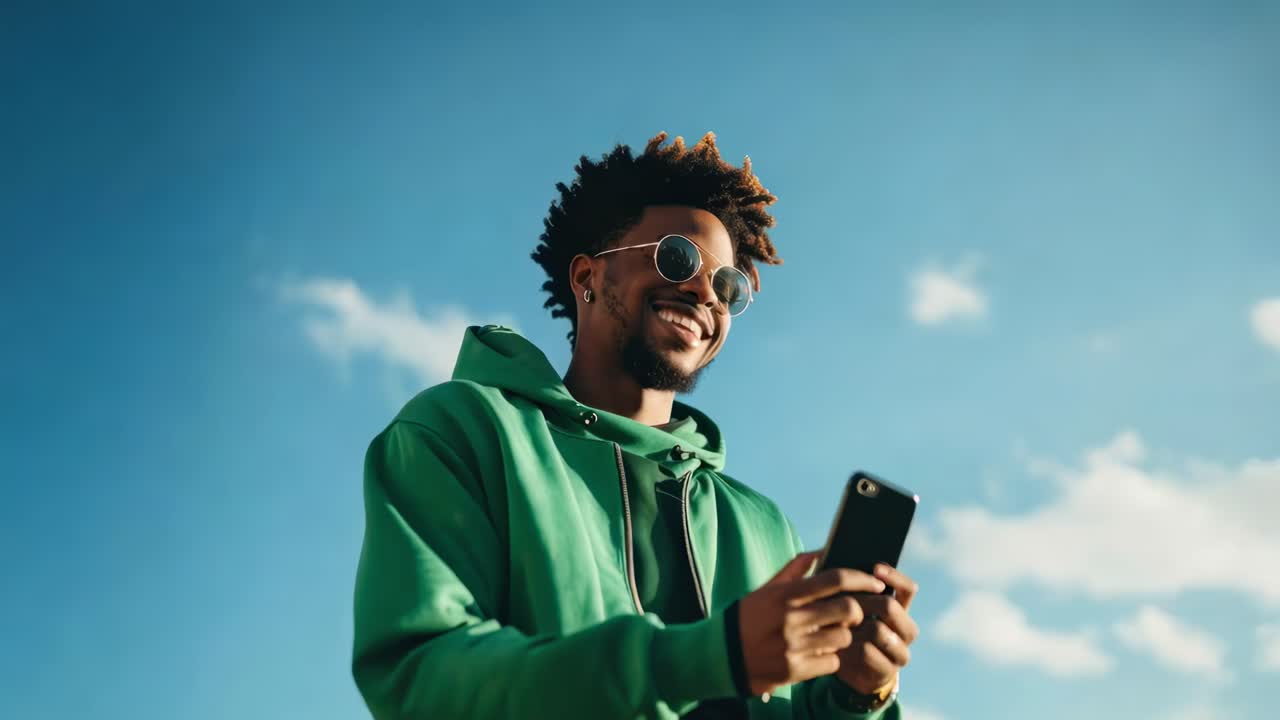 Low-angle shot of a smiling person in a green hoodie and sunglasses, holding a phone
