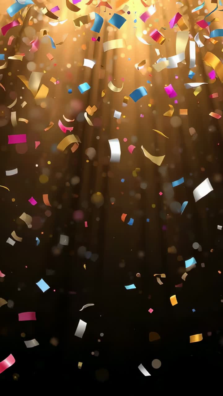 Vertical video: Releasing multicolored confetti drifting through stage, with golden beams and bokeh