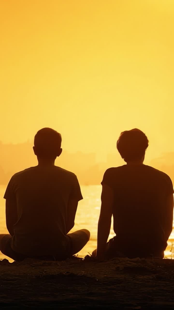 Two Friends Silhouetted Against a Golden Sunset by the Water, Capturing a Moment of Reflection and Connection in Nature's Embrace