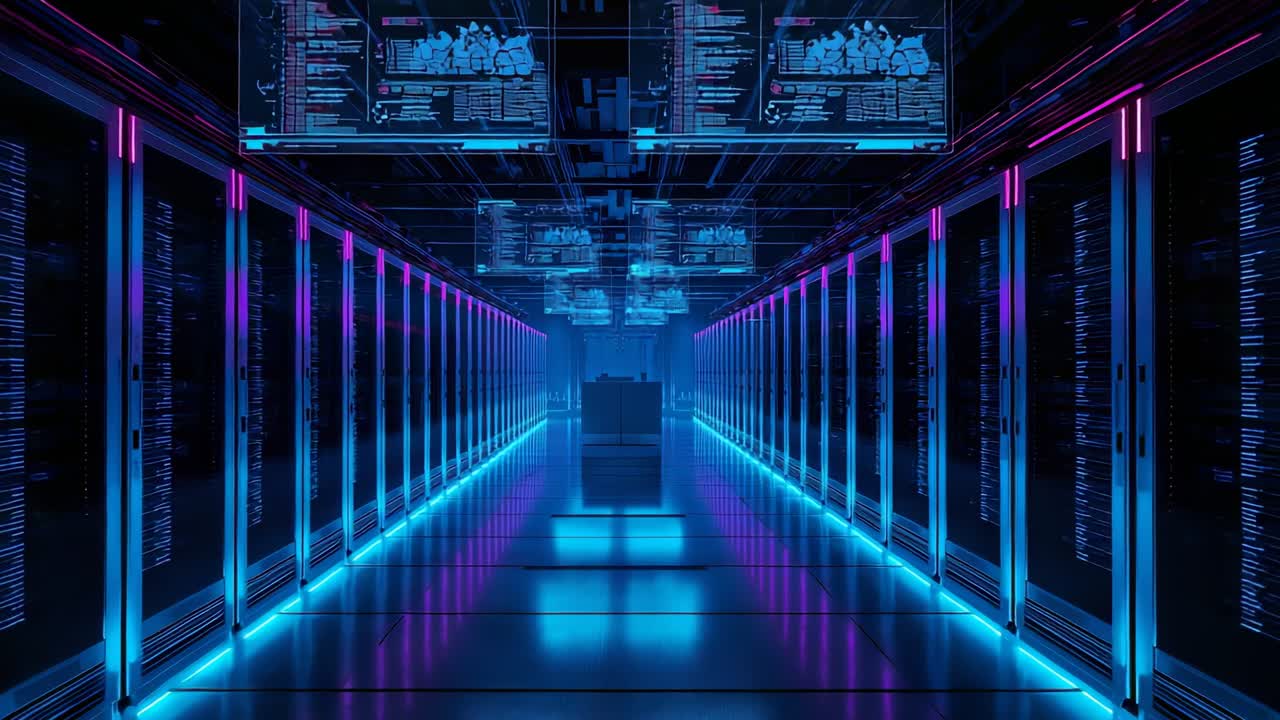 Opening view showing neon server aisle displaying cabinets LEDs monitors with code at datacenter