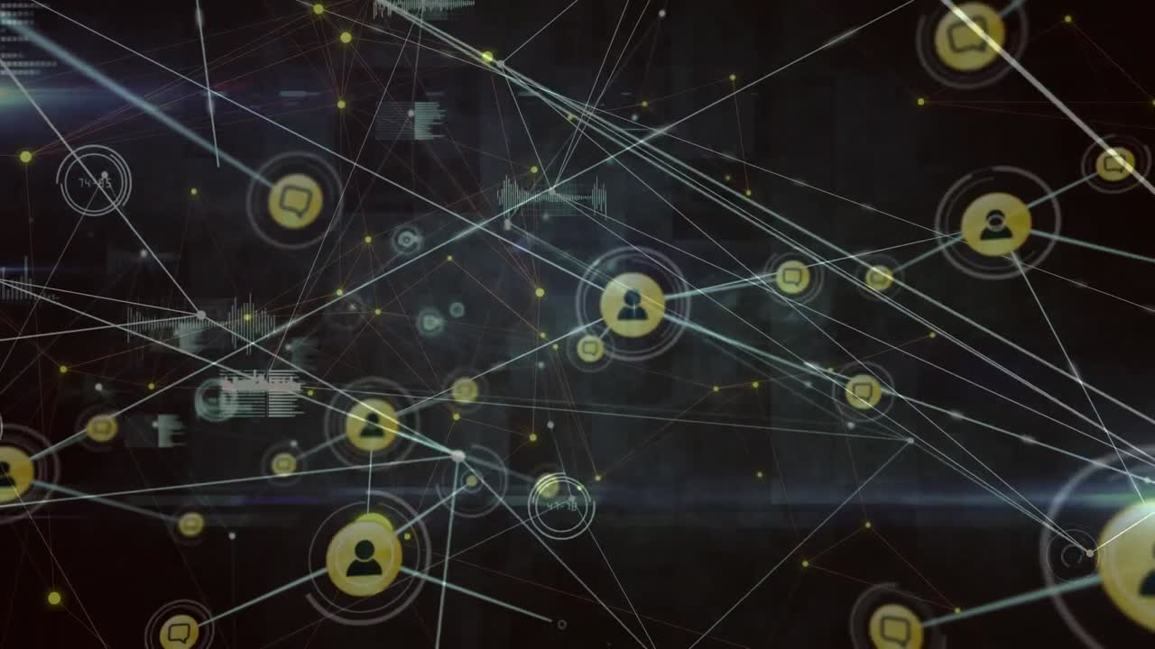 animación de la red de conexiones con iconos y procesamiento de datos sobre fondo negro