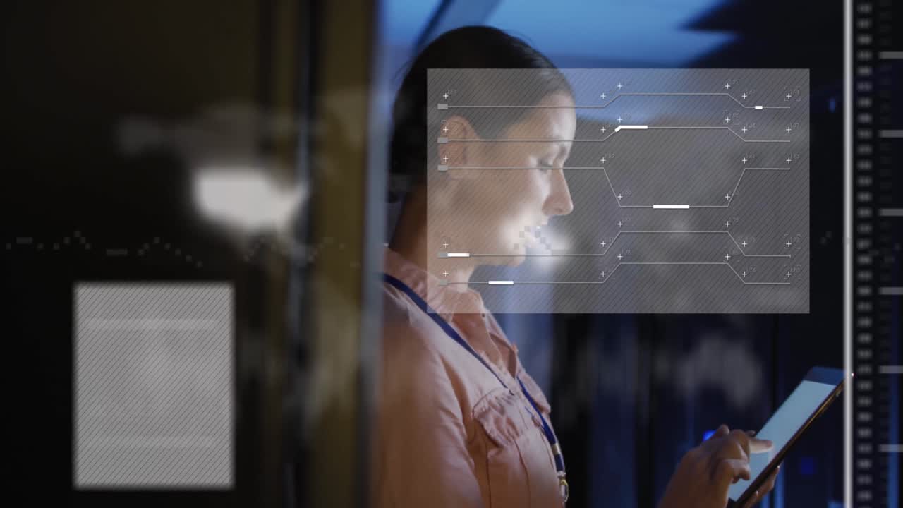 Animation of lights and data over caucasian woman working in server room