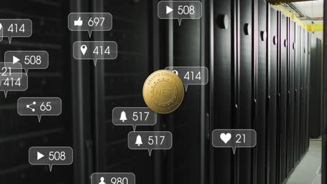 animation of coin with nft and social media reactions over servers